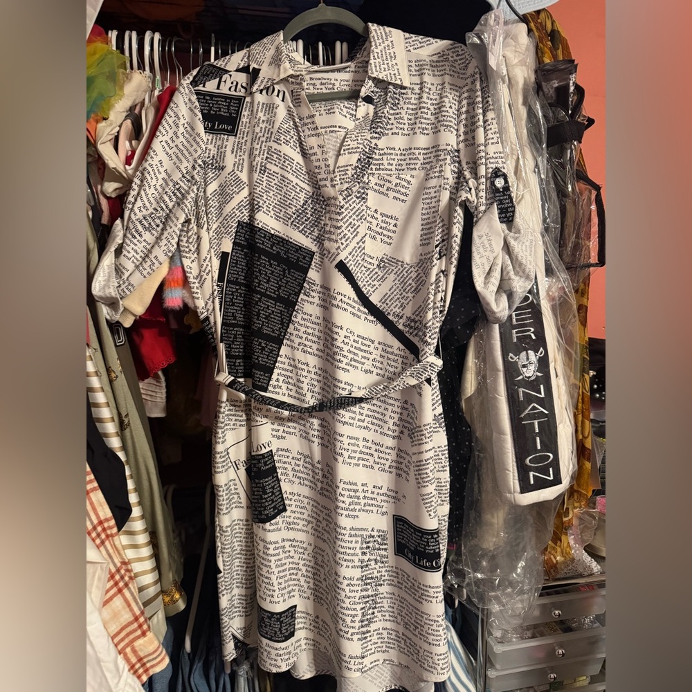 New York & Company Black and White Newspaper Print Long Sleeve Dress